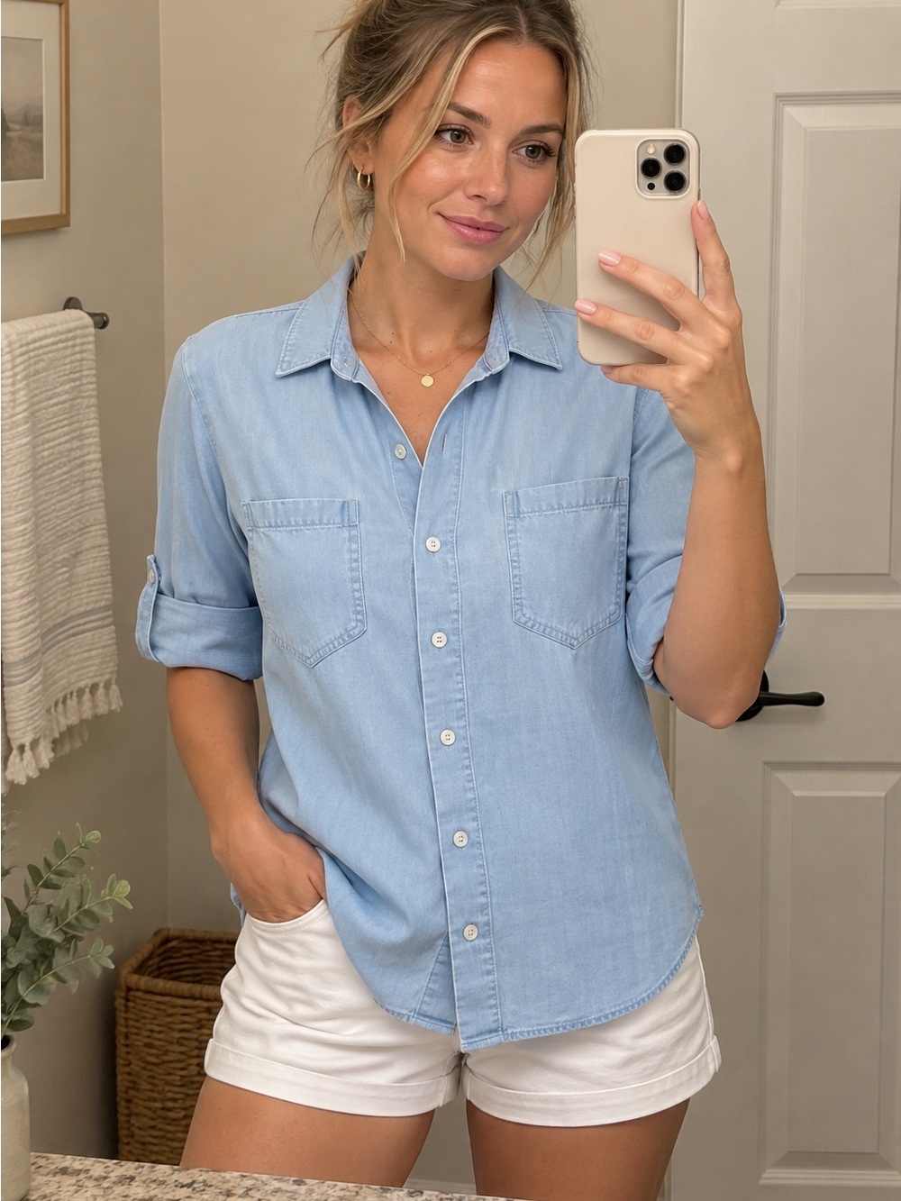 Bella Dahl Button front Split Back Denim Shirt in “light sunspray” blue